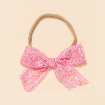 Bright Pink Embroidered Lace Headband Bow