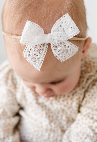 White Embroidered Lace Headband Bow