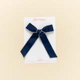 Navy Scalloped Ribbon Bow Clip
