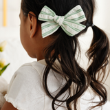 Sage Spring Crinkle Stripes Bow Clip