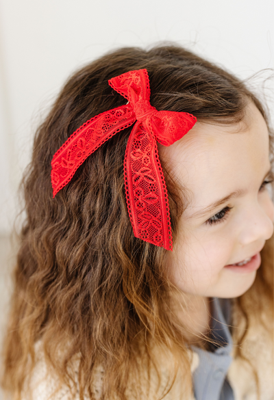 Scarlet Embroidered Lace Bow Clip