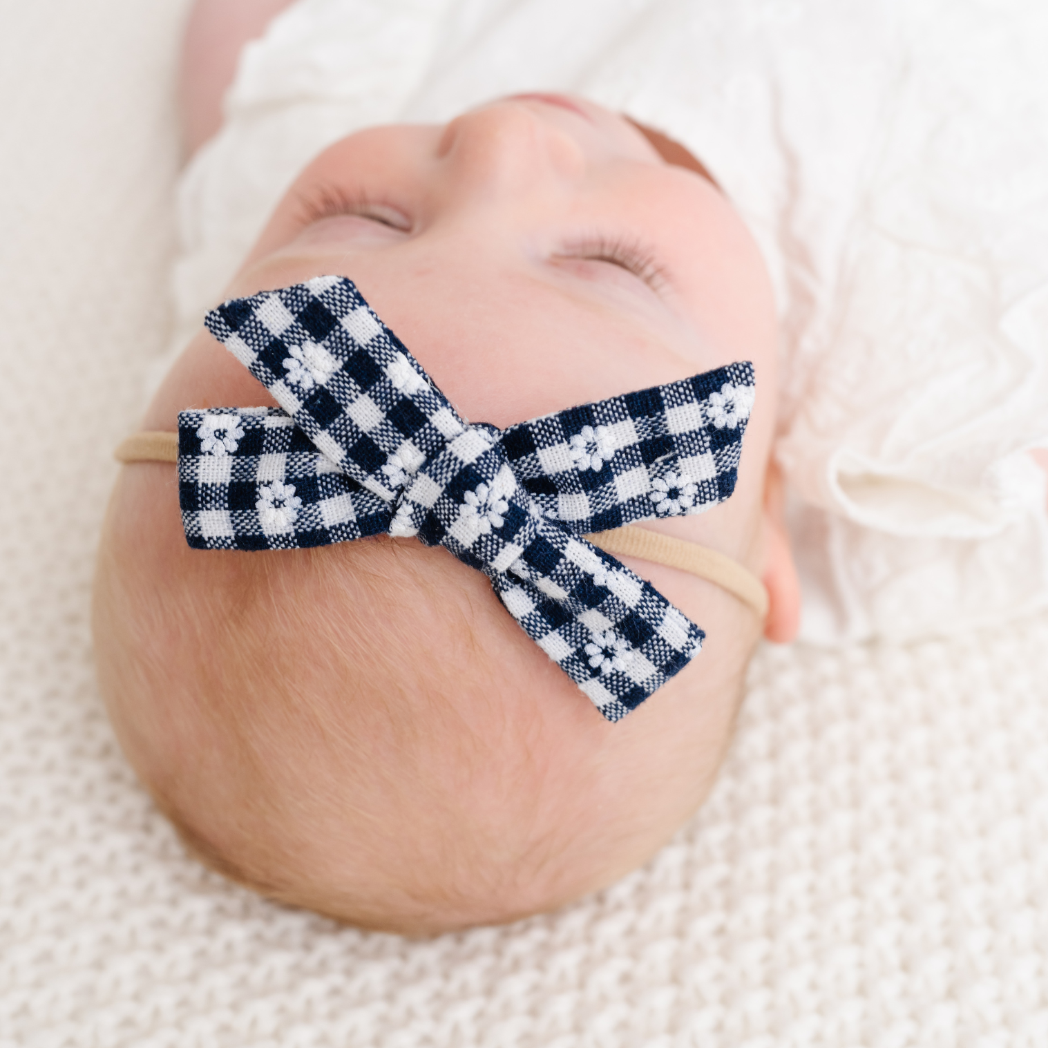 Navy Daisy Check Baby Headband Bow