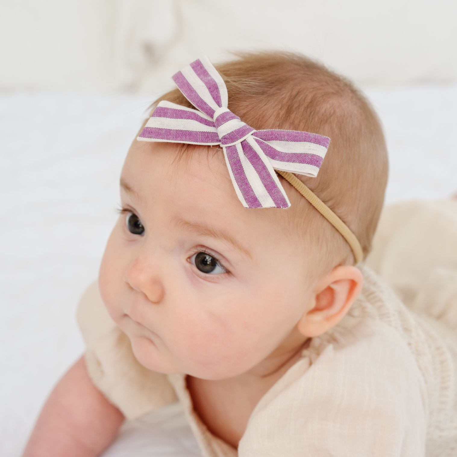 Purple Linen Stripe Baby Headband Bow