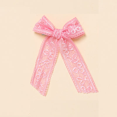Bright Pink Embroidered Lace Bow Clip