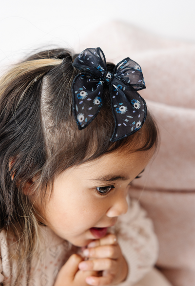 Navy Victorian Floral Bow Clip