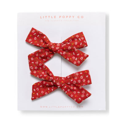 Scarlet Floral Pigtail Bow Clips