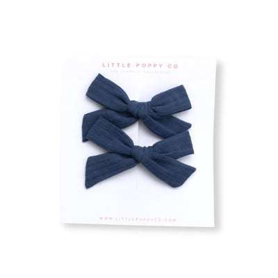 Navy Linen Pigtail Bow Clips