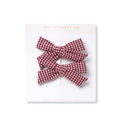 Maroon Check Pigtail Bow Clips