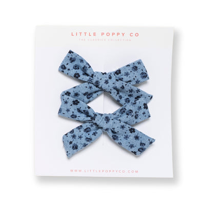 Blue Floral Pigtail Bow Clips